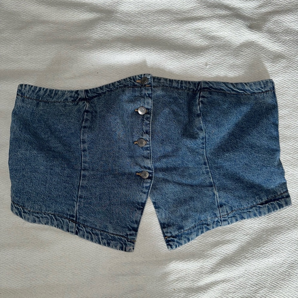 Denim Button-Front Women’s Strapless Shirt - Blue